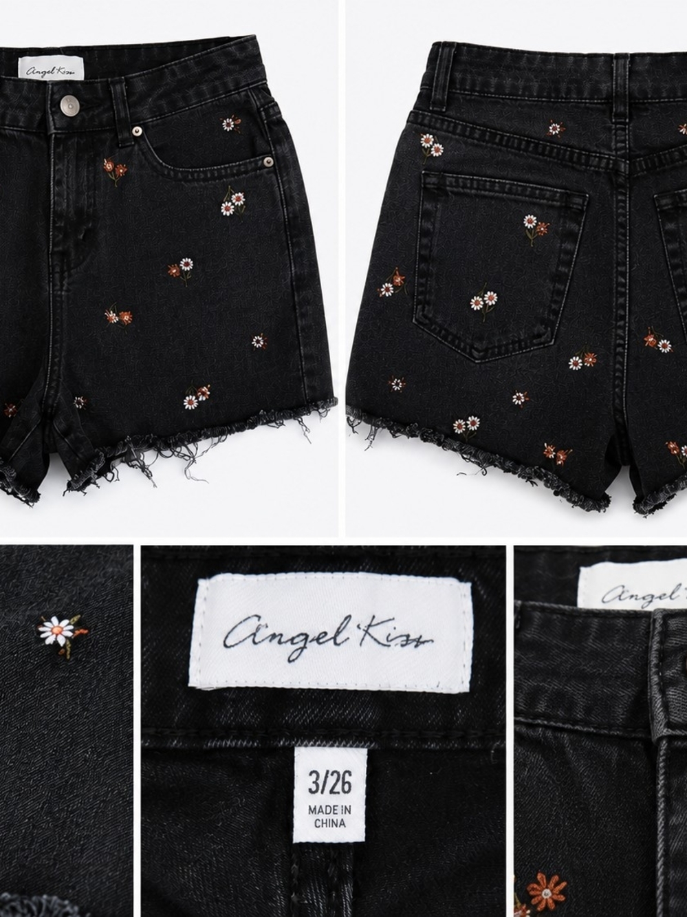 Angel Kiss Girl's 3/26 Black Daisy Embroidered Denim Shorts Raw Hem.